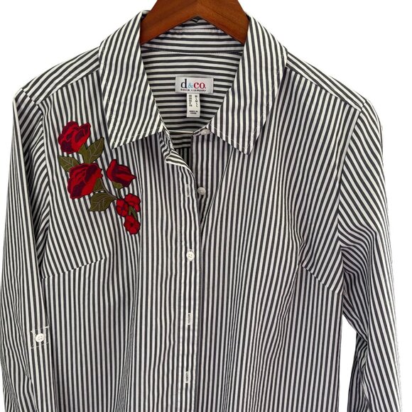 Denim & Co White with Gray Stripes Button Up Shirt Top Sz Medium Rose Applique - Picture 3 of 7